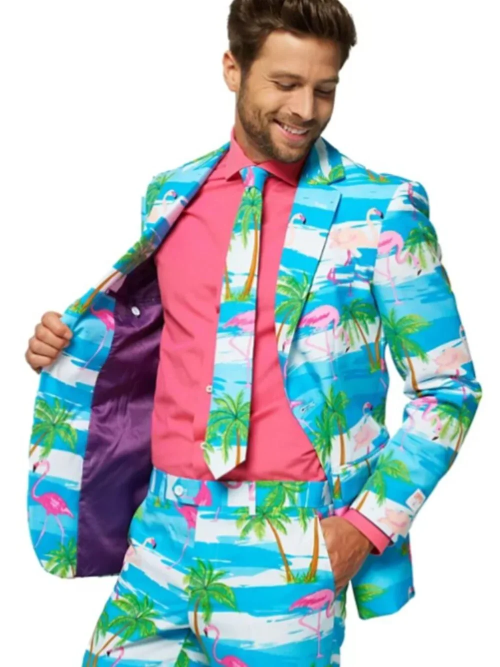 OppoSuits Mens 38 Jacket Pants Suit Tropical Flamingo Beach Party Blue Pink NEW.